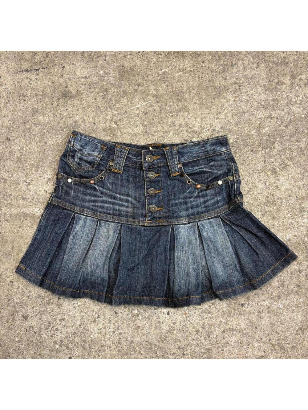 Vintage Y2K Denim Micro Mini Skirt Low Rise Faded Pleated